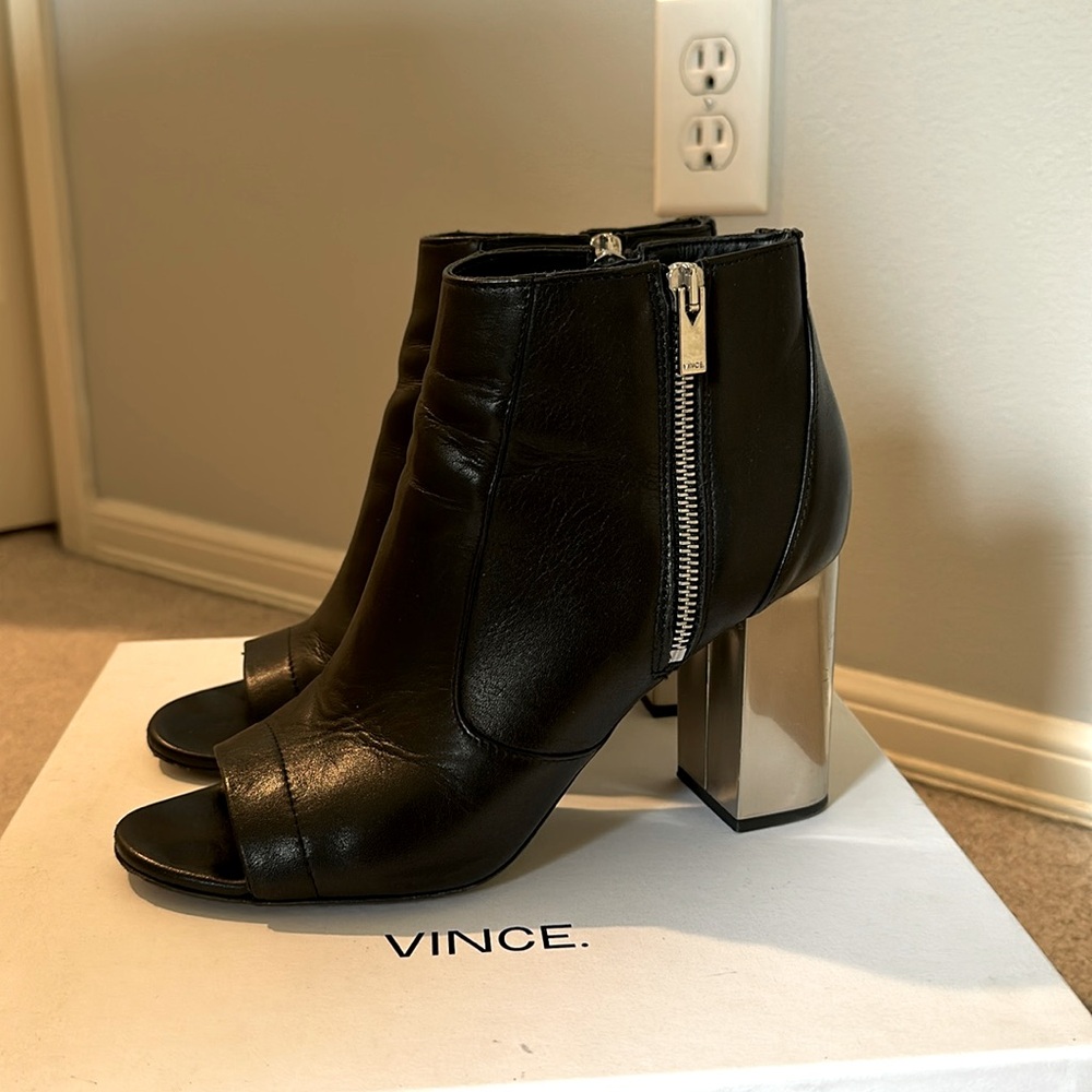 Vince Black Leather Booties with Mirrored Heels